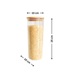 Glass pantry jar with wooden lid, 10x25cm, ideal for space-saving kitchen storage.