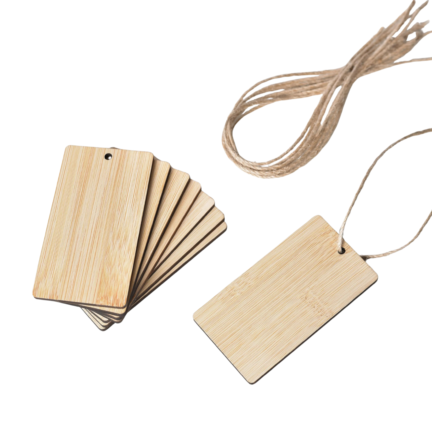 Set of six bamboo storage tags for home organisation, perfect for kitchen, bathroom, or pantry, enhancing space-saving and stylish storage.