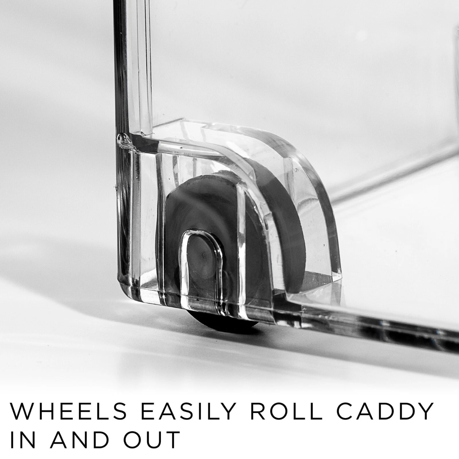 Clear pull-out organiser with wheels for easy access on deep shelves, ideal for home organisation, kitchen, and pantry storage.