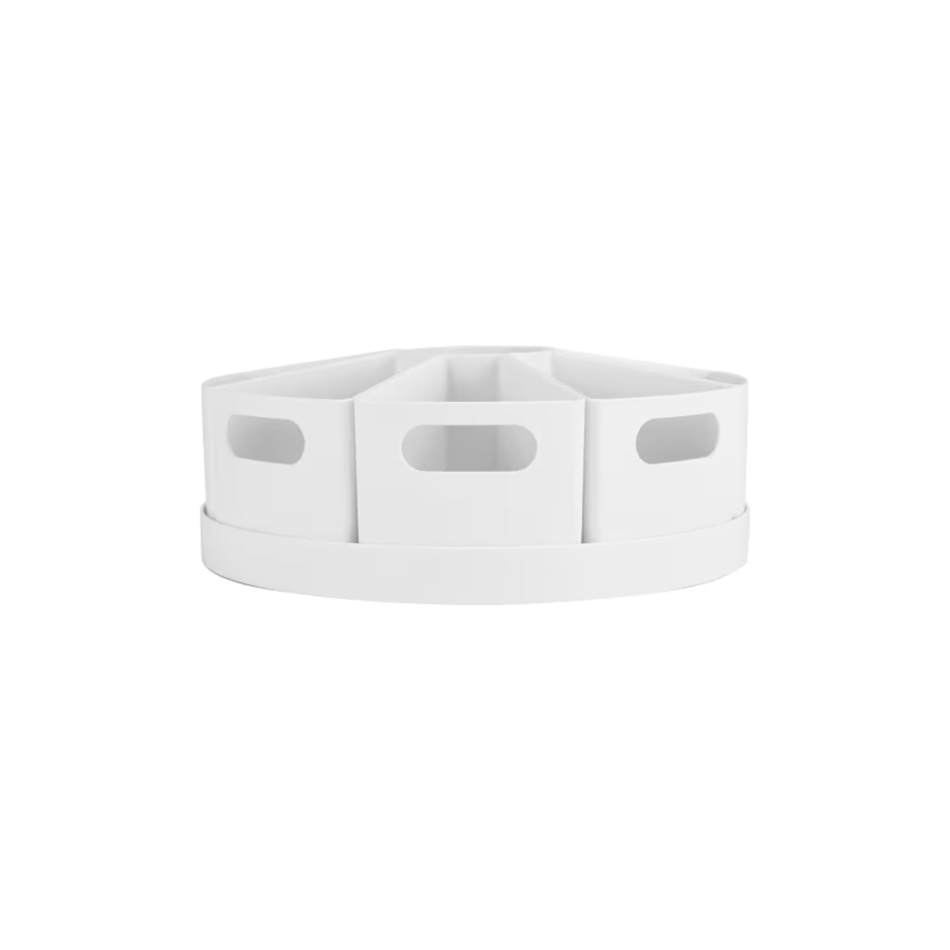 White rotating desk organiser with 10 compartments, ideal for space-saving in office or kitchen.