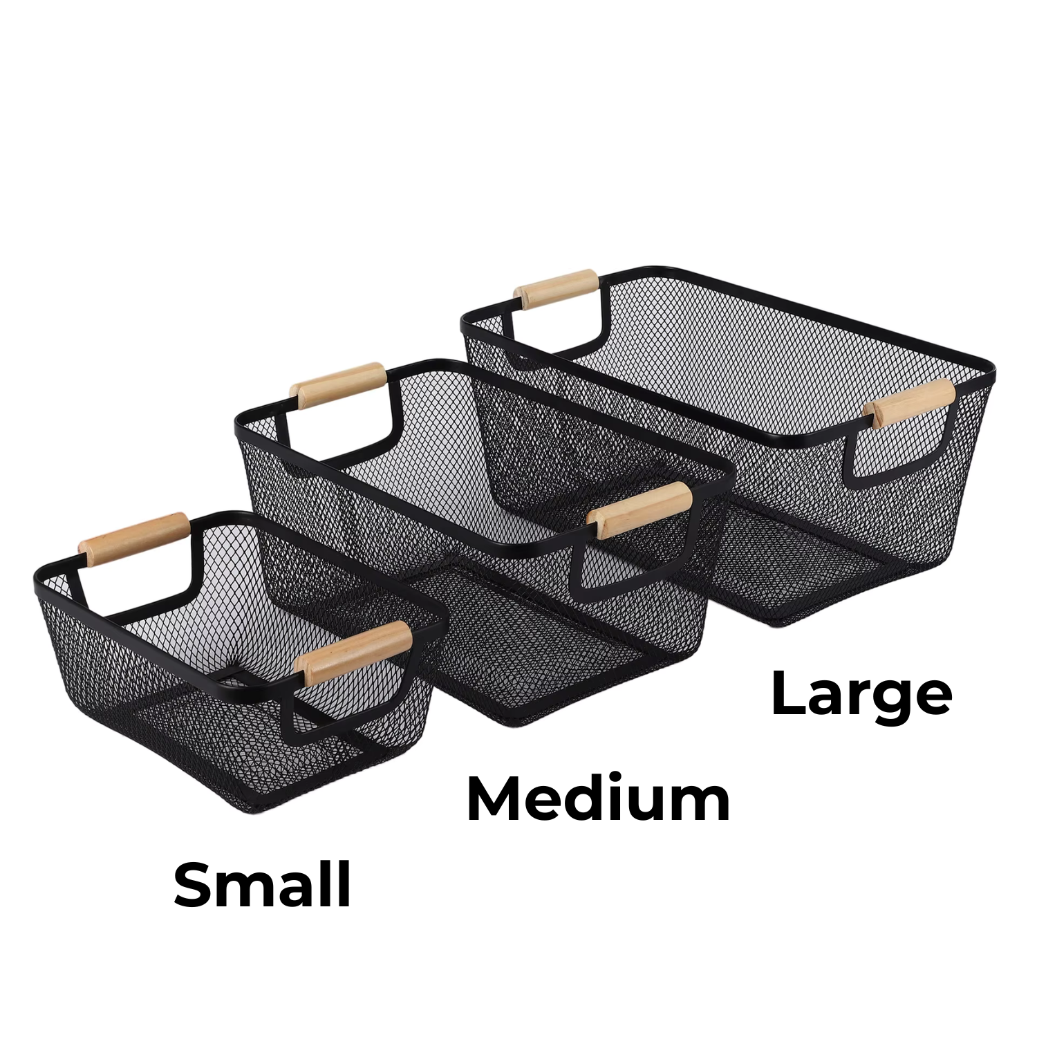 Black mesh storage baskets with wooden handles in small, medium, and large sizes for home organisation and stylish space-saving solutions.