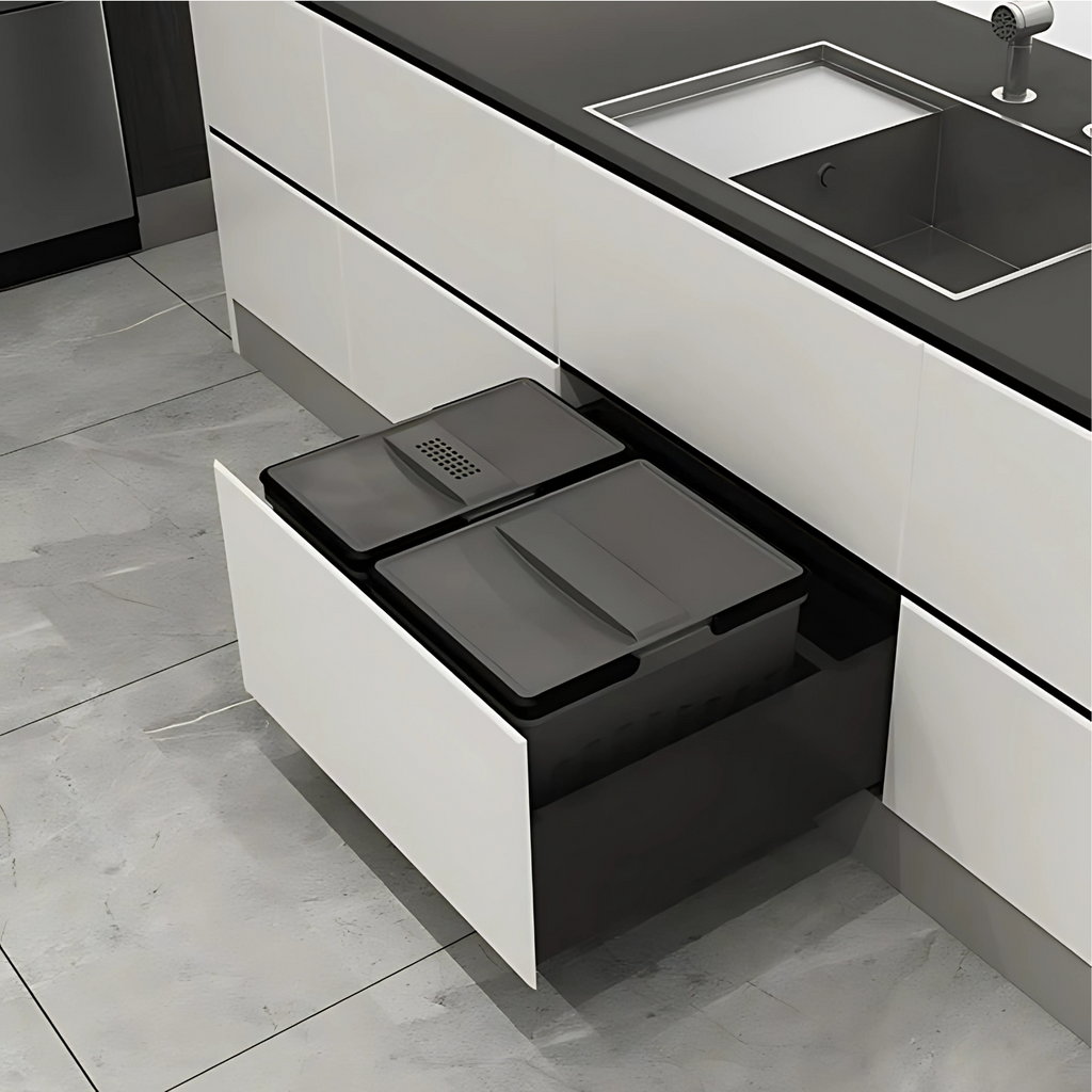 35L kitchen bin compatible with Blum, fits 600mm cabinet, black sleek design for efficient home organisation and space-saving solutions.