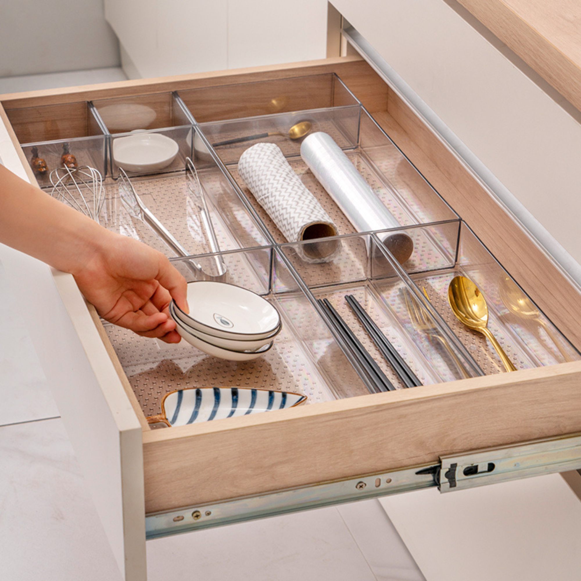 Small Clear Drawer Organisers for kitchen storage, featuring utensils and items, ideal for pantry storage and home organisation.