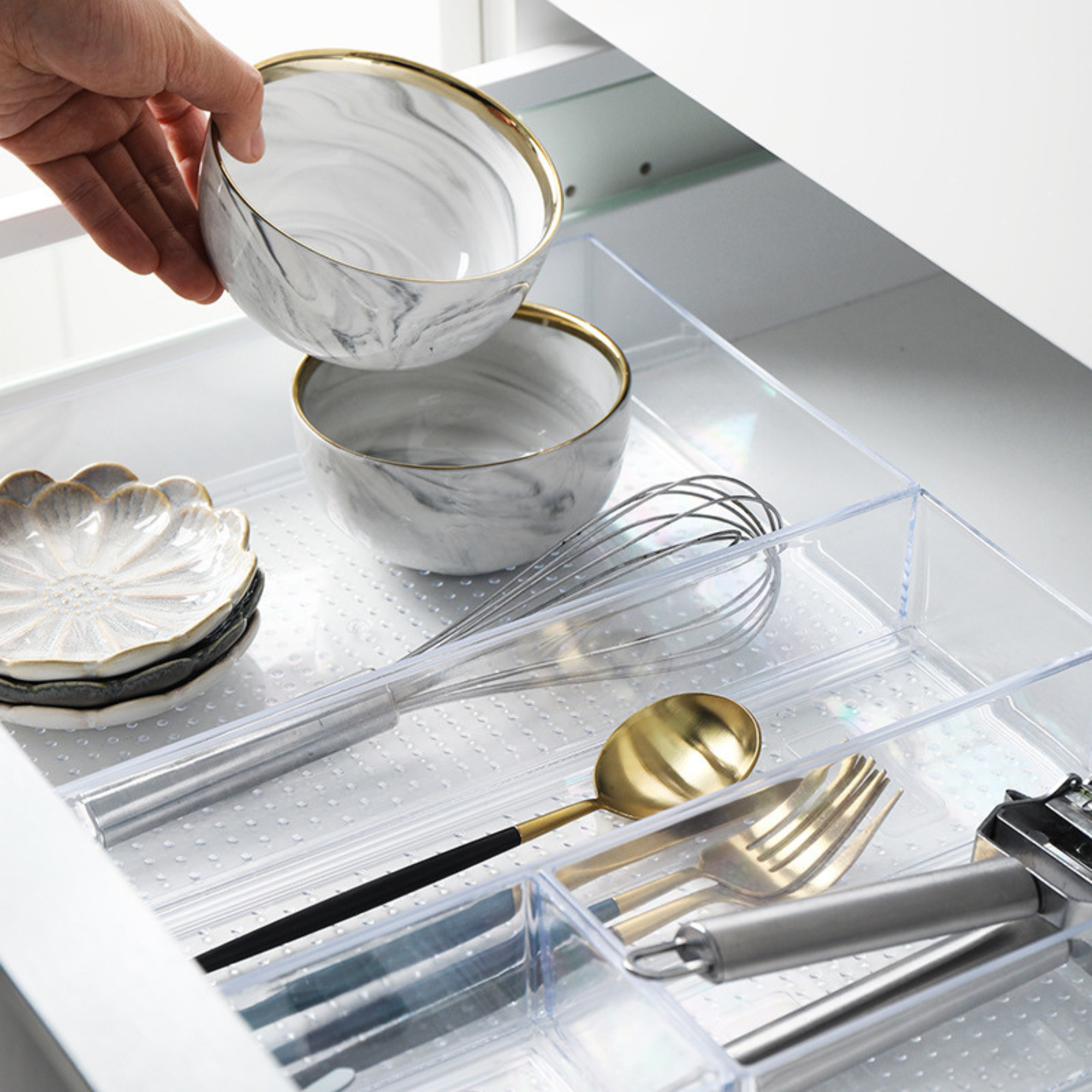 Small Clear Drawer Organisers for kitchen storage with utensils