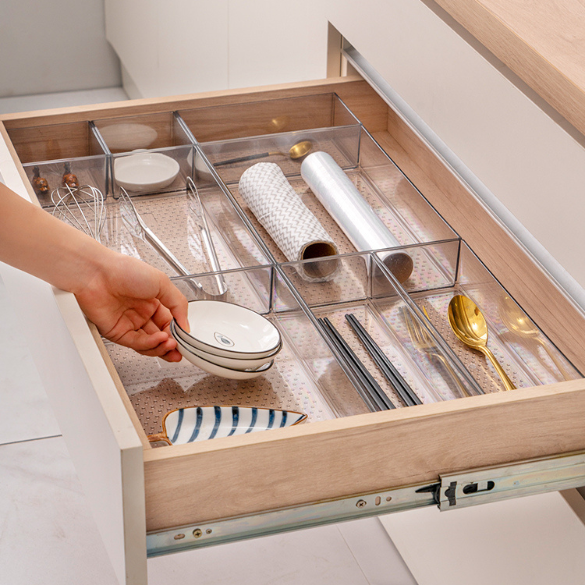 Small Clear Drawer Organisers for kitchen storage and home organisation