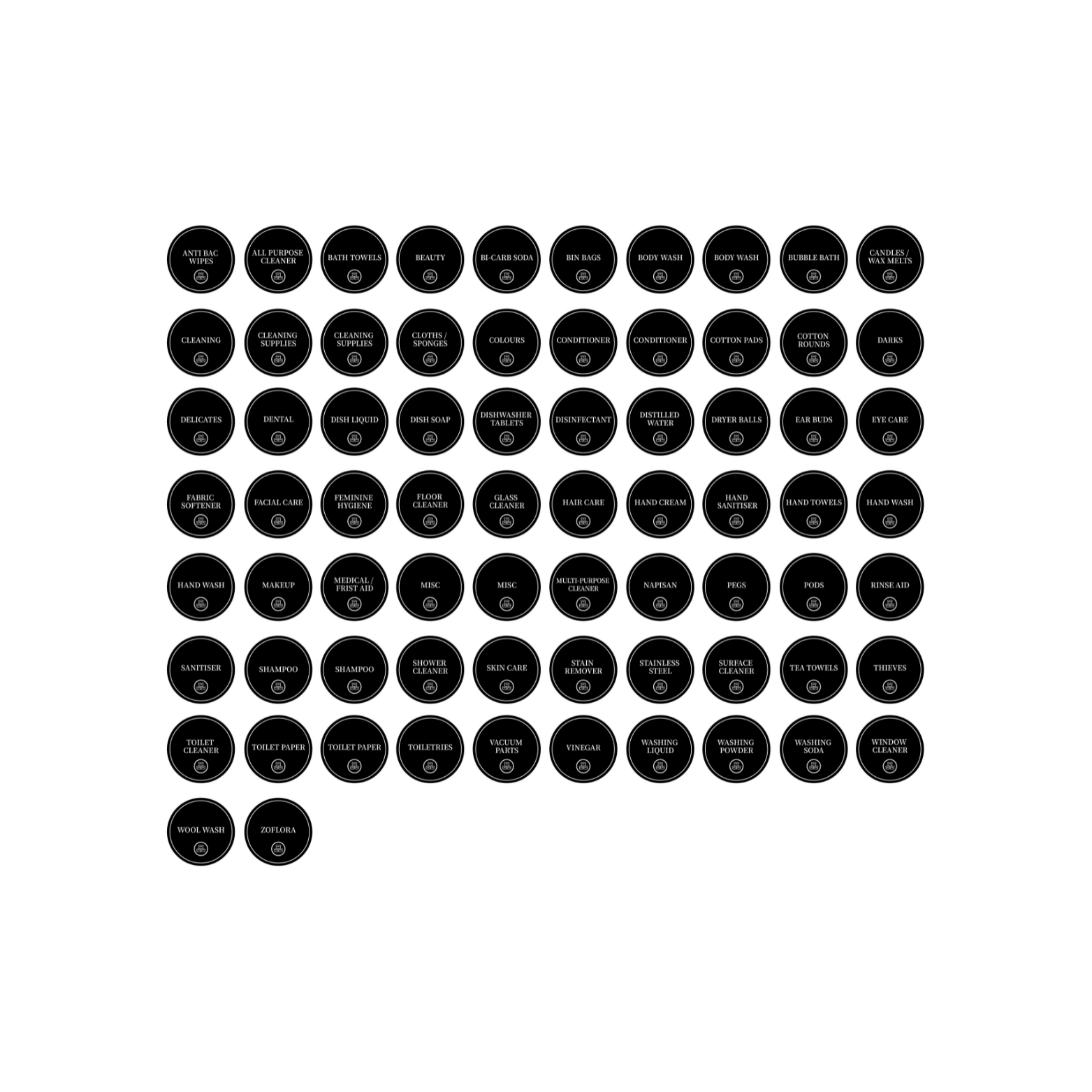 Vinyl sticker set for bathroom, laundry organization; 72 labels for storage organiser use.