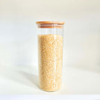 Bamboo glass jar filled with rice, perfect pantry storage organiser
