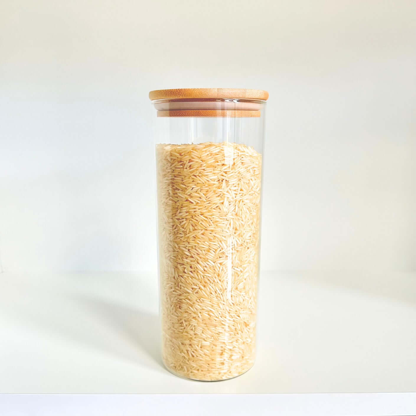 Bamboo glass jar filled with rice, perfect pantry storage organiser