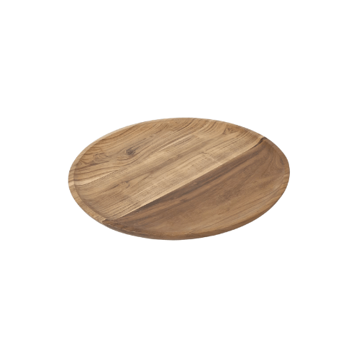 Large acacia round serving tray for kitchen storage and space-saving organization.