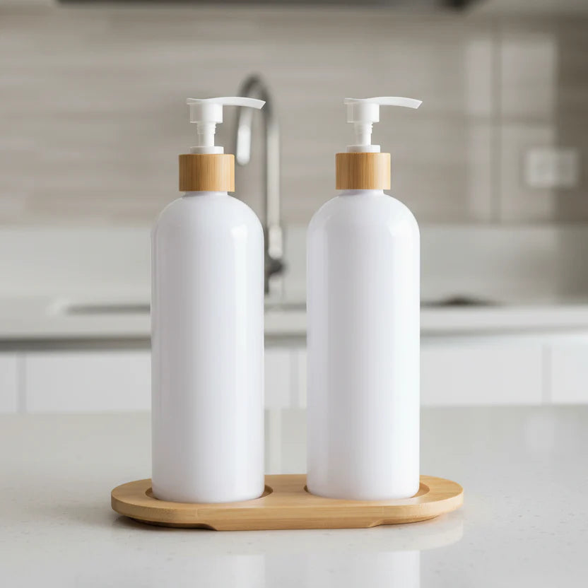 white plastic pump bottles 500ml set with bamboo tray