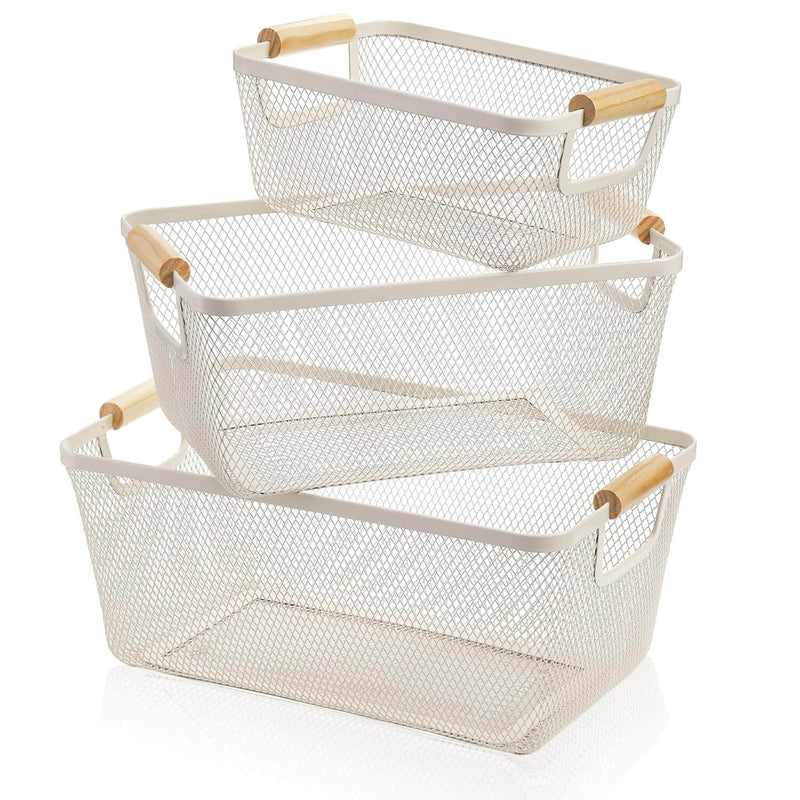 White mesh basket with wooden handles for kitchen storage, perfect for pantry or laundry organization.