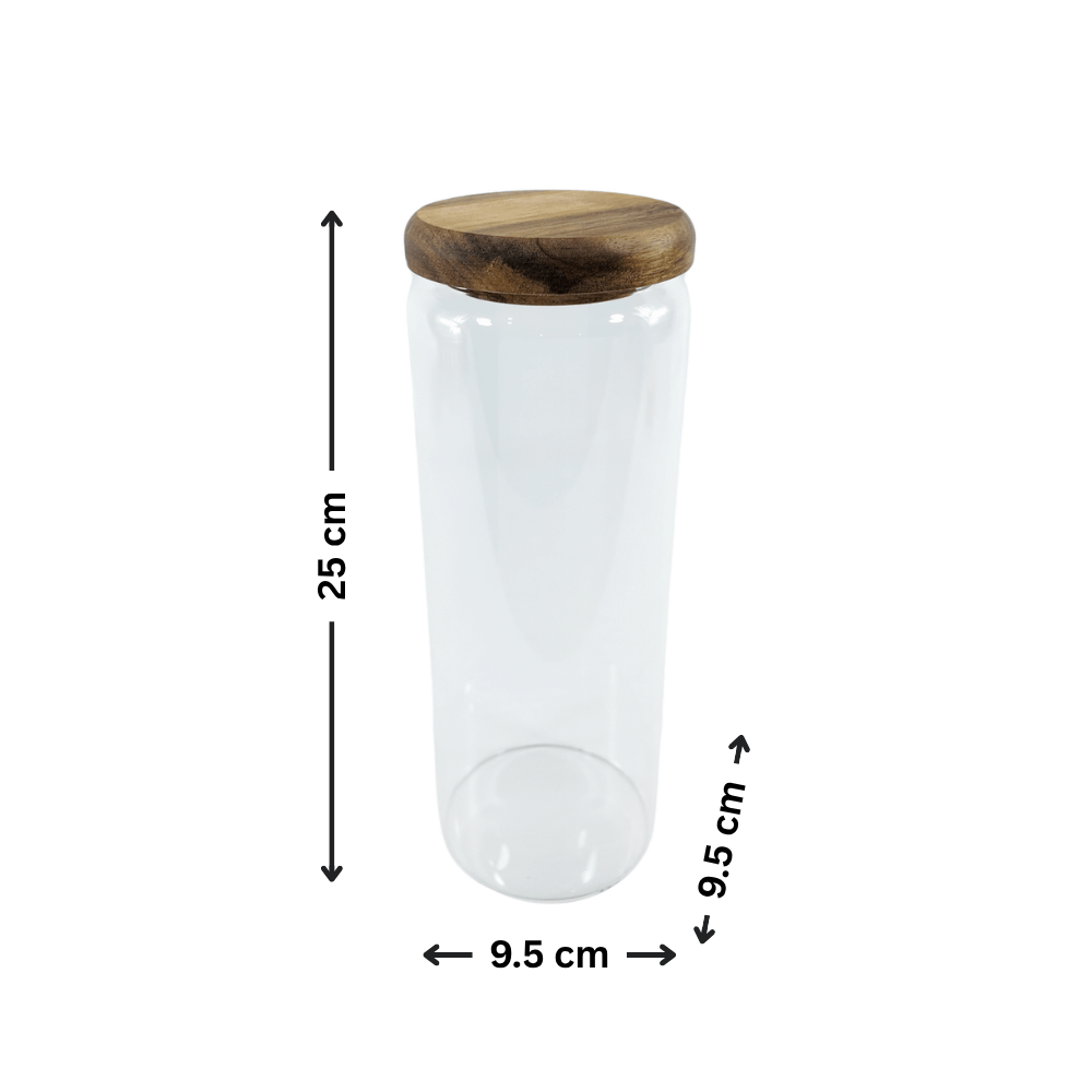 Clear glass jar with acacia lid, 9.5x25 cm, perfect for pantry or fridge storage.