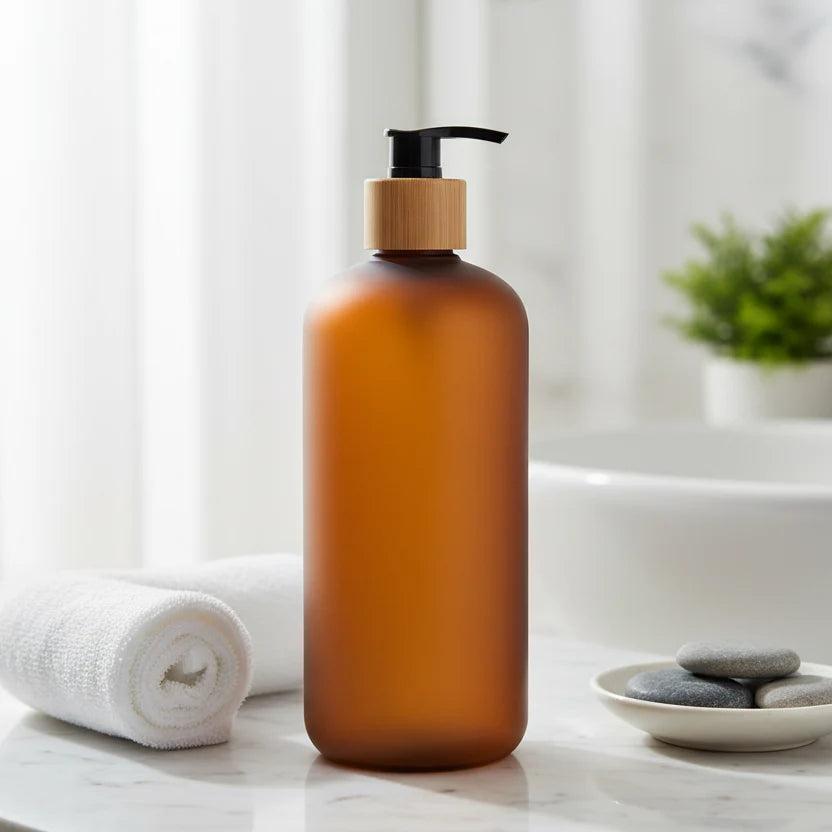 Amber glass bottle with a pump dispenser on a white background