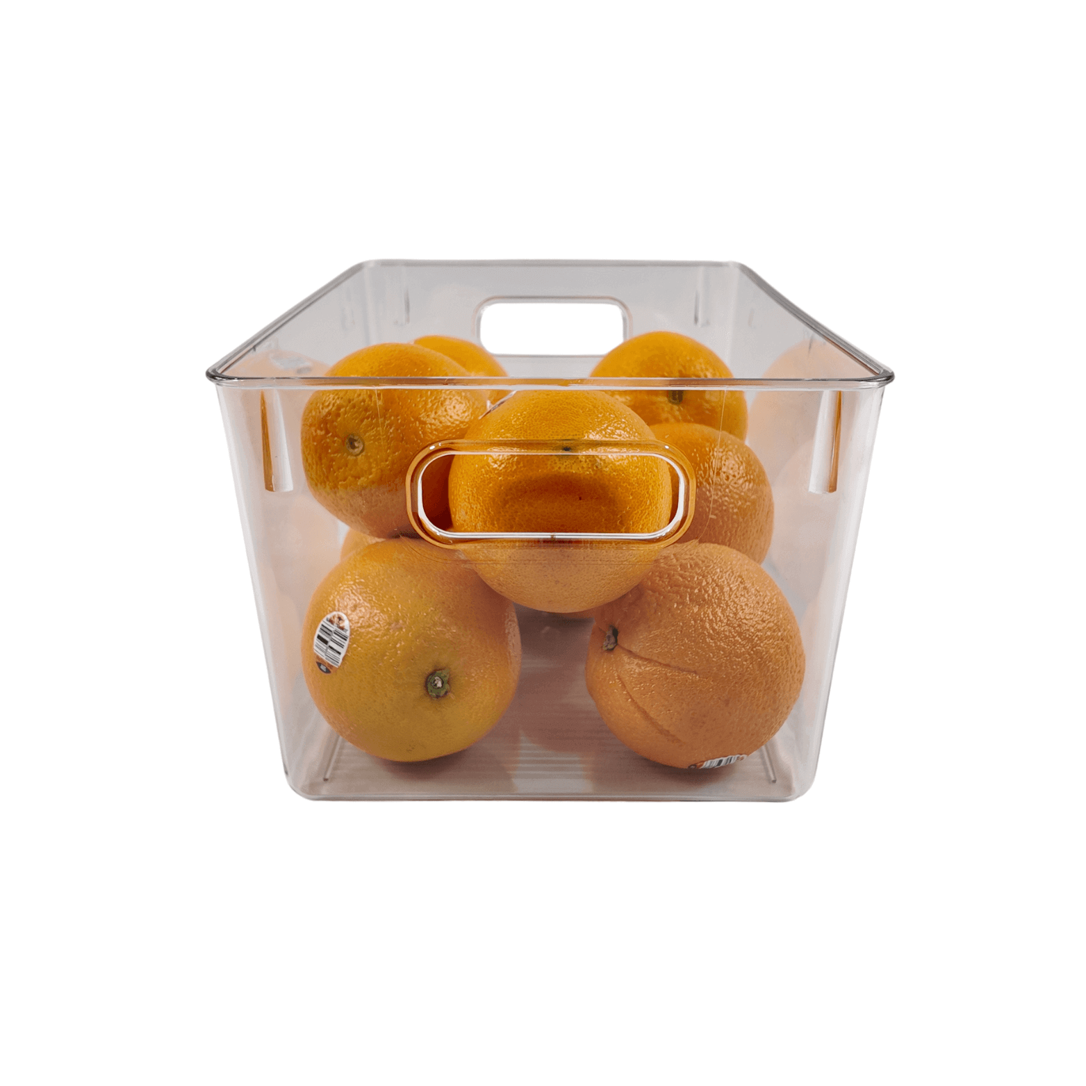 Transparent storage organiser holding oranges for fridge or pantry use