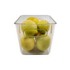 Space-saving clear fridge container storing yellow lemons, ideal for kitchen storage organization.