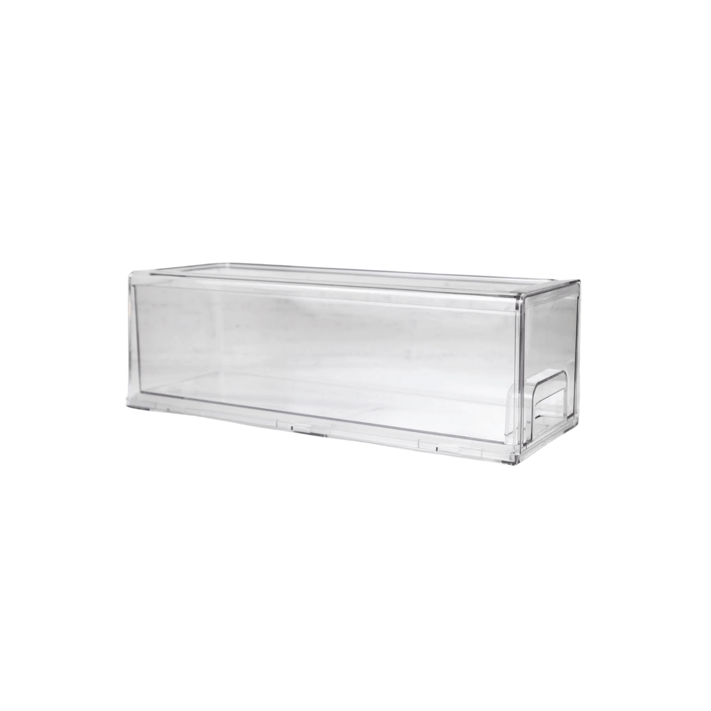 Clear acrylic storage bin for fridge organisation, ideal for kitchen or pantry, stylish and practical home storage solution.