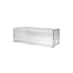 Clear acrylic storage bin for fridge organisation, ideal for kitchen or pantry, stylish and practical home storage solution.