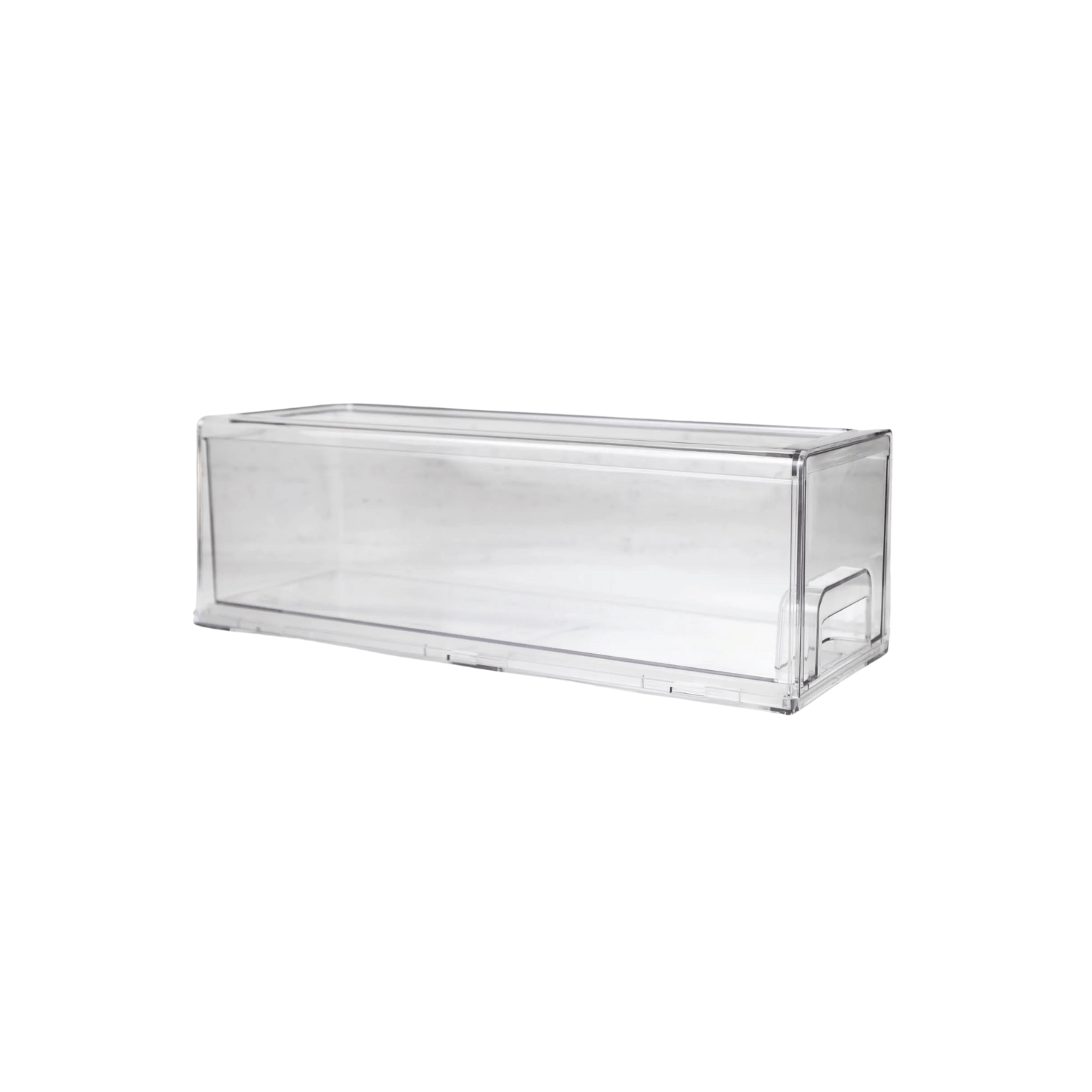 Clear acrylic storage bin for fridge organisation, ideal for kitchen or pantry, stylish and practical home storage solution.