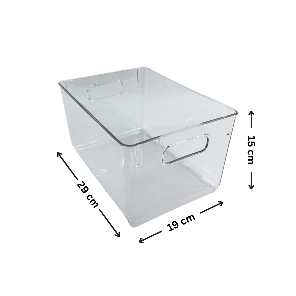 Clear acrylic storage bin, 29x19x15 cm, ideal for fridge organisation and home storage solutions.