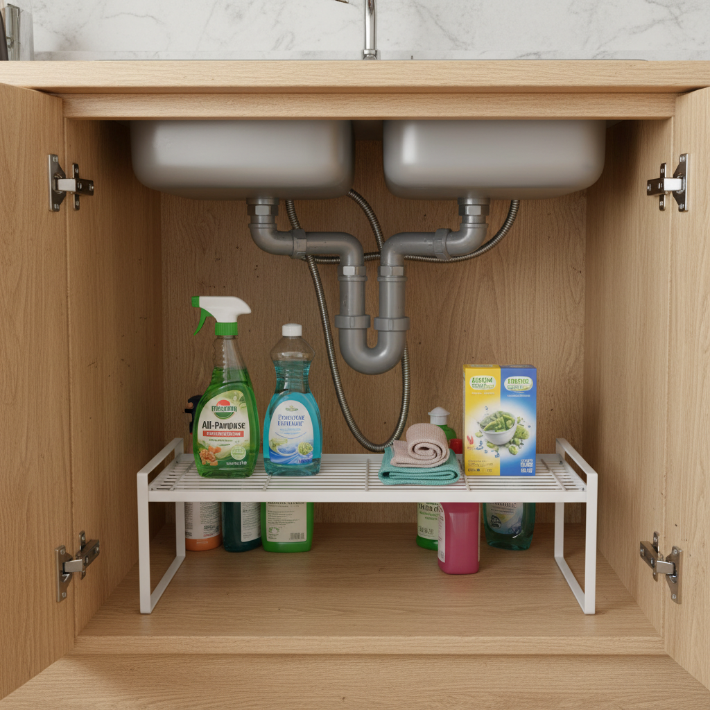 White metal under sink shelf for storage organiser in kitchen or bathroom space-saving