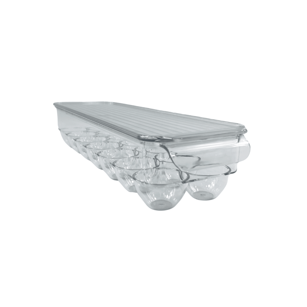Transparent egg organiser with lid for fridge storage, space-saving kitchen container