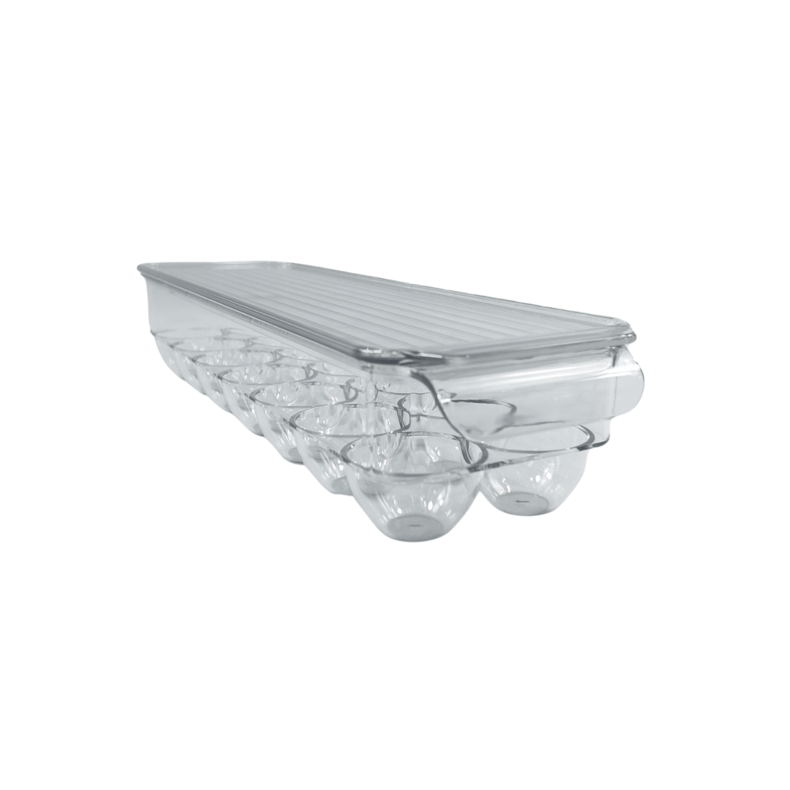 Transparent egg organiser with lid for fridge storage, space-saving kitchen container