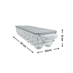 Space-saving egg organiser with lid for fridge storage, dimensions 37x10x6 cm.