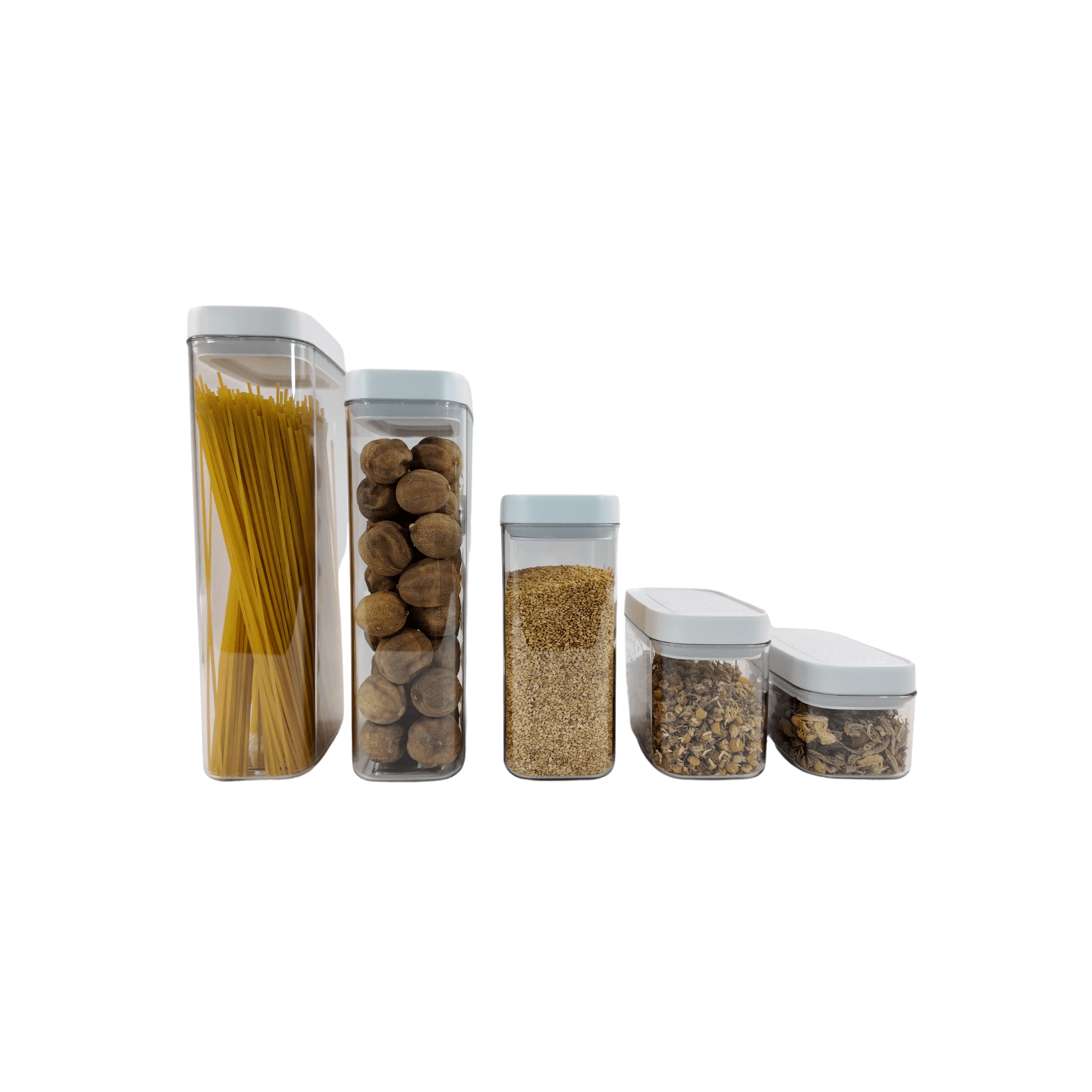 White airtight storage organiser containers filled with food, ideal for pantry and kitchen use.