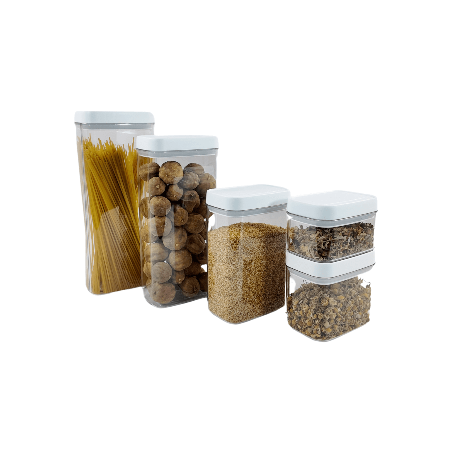 White airtight containers with various foods, perfect for pantry and fridge storage, space-saving