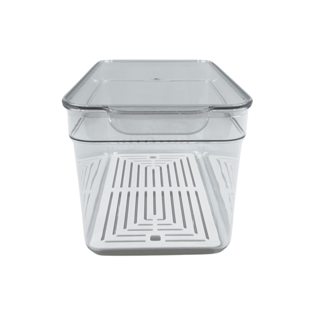 Clear fridge organiser with lid, ideal for space-saving storage in kitchen or pantry.