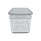 Clear fridge organiser with lid, ideal for space-saving storage in kitchen or pantry.