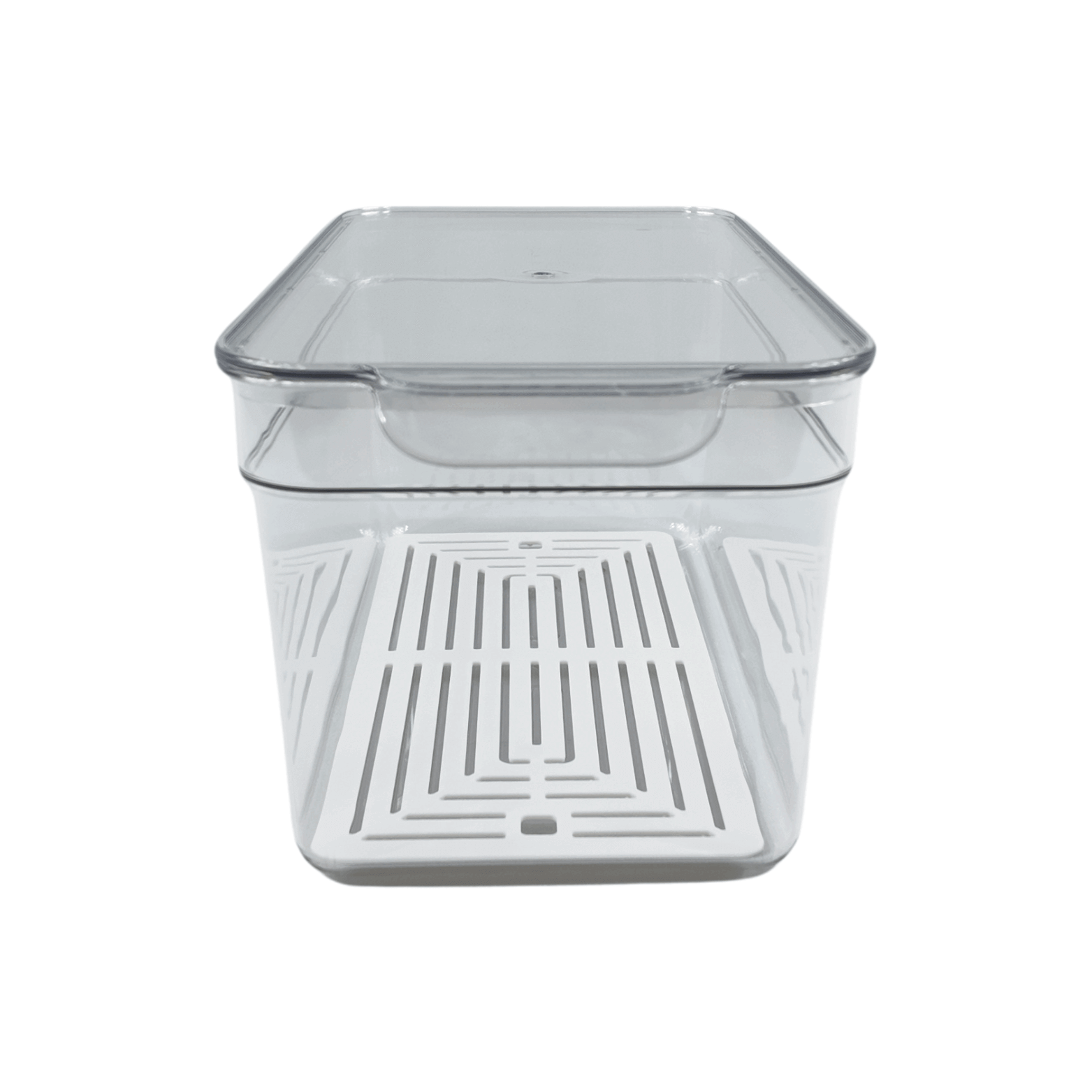 Clear fridge organiser with lid, ideal for space-saving storage in kitchen or pantry.