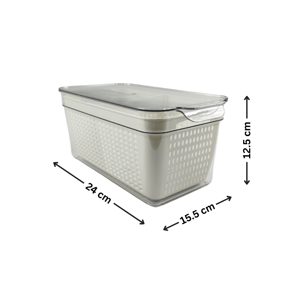 Transparent fridge storage container, 24x15.5x12.5 cm, space-saving kitchen organiser.