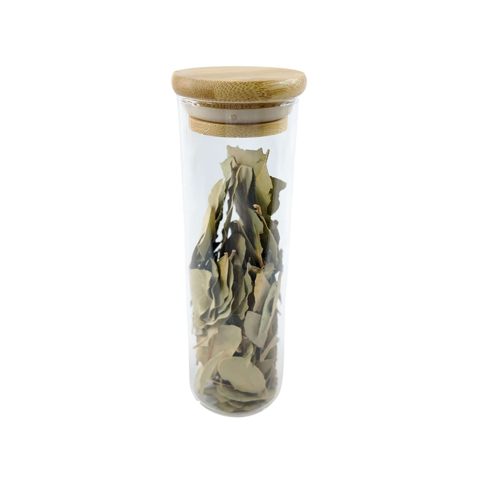 Glass spice jar with bamboo lid, perfect for pantry storage and kitchen organization.