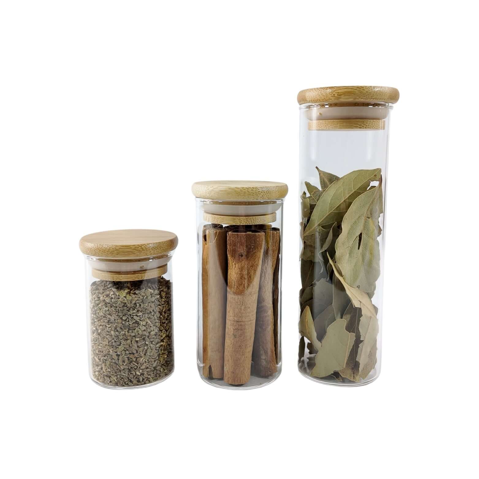 Clear spice jars with bamboo lids for kitchen pantry storage