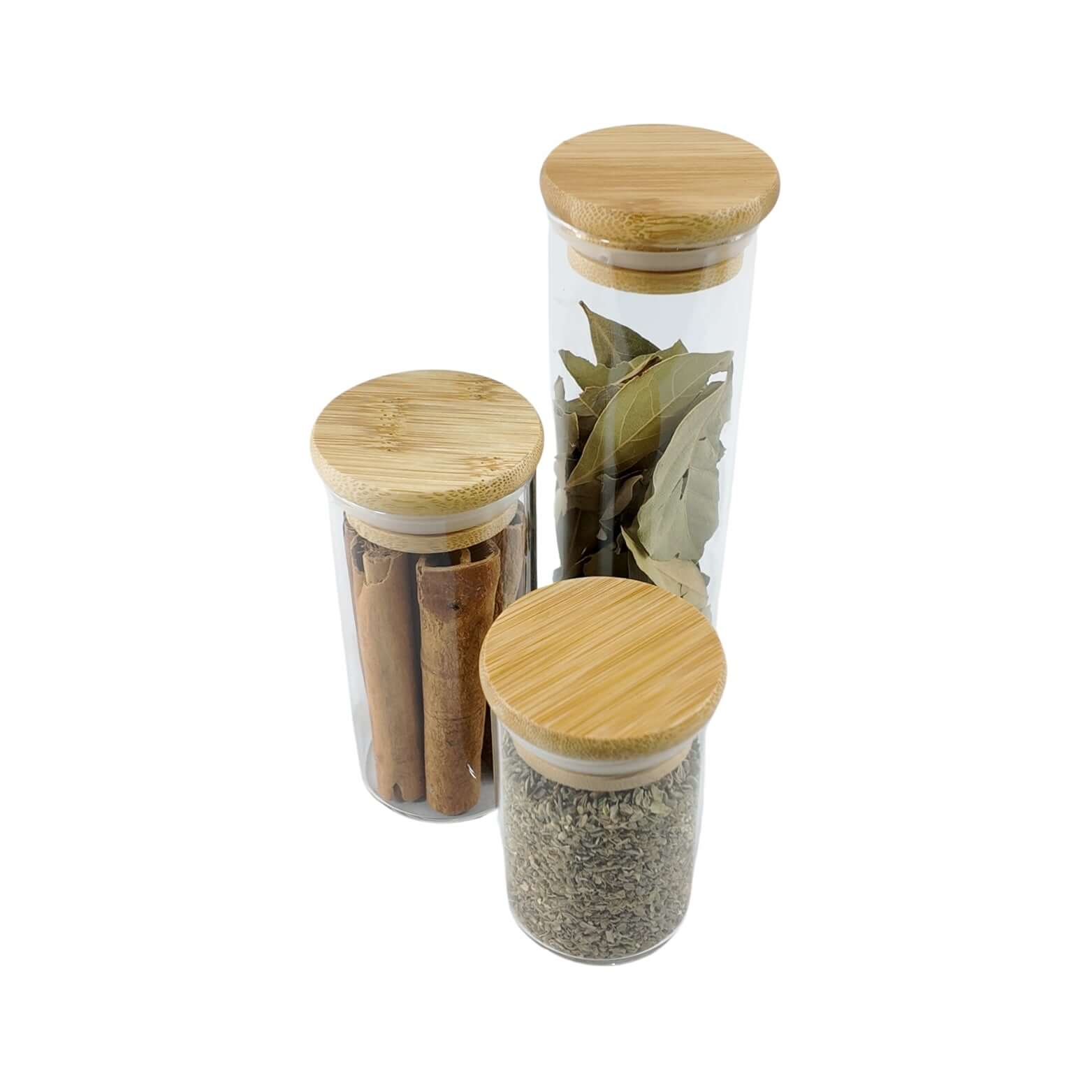 Glass storage organiser jars with bamboo lids for pantry or kitchen use, 250ml size.