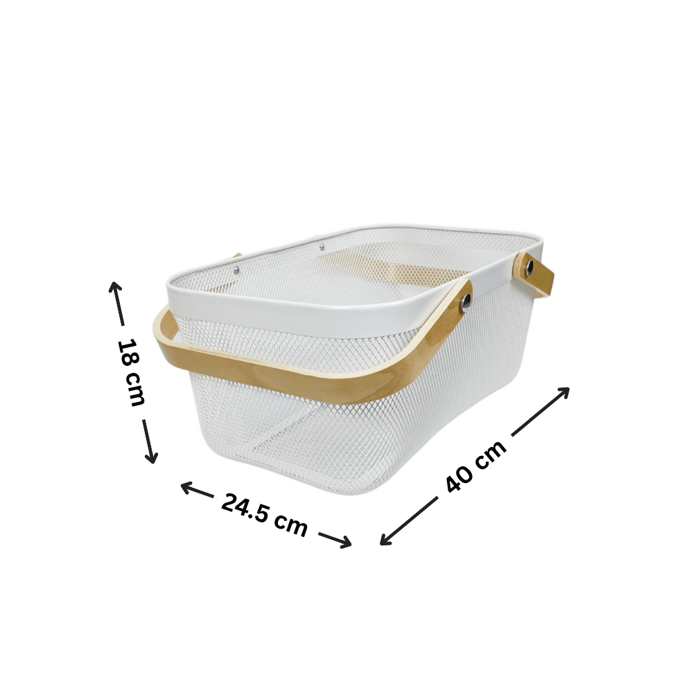 Large white mesh basket with wooden handles for home organisation, ideal for kitchen storage, pantry decluttering, and stylish space-saving.