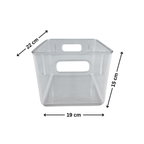 Clear acrylic storage bin with dimensions 22x19x15 cm, ideal for fridge organisation and space-saving home storage.