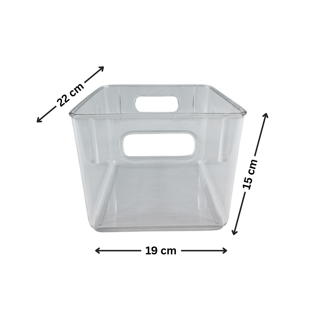 Clear acrylic storage bin with dimensions 22x19x15 cm, ideal for fridge organisation and space-saving home storage.