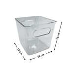 Clear acrylic storage bin for kitchen and pantry organisation, measuring 16 cm by 16 cm by 15 cm, perfect for home decluttering.