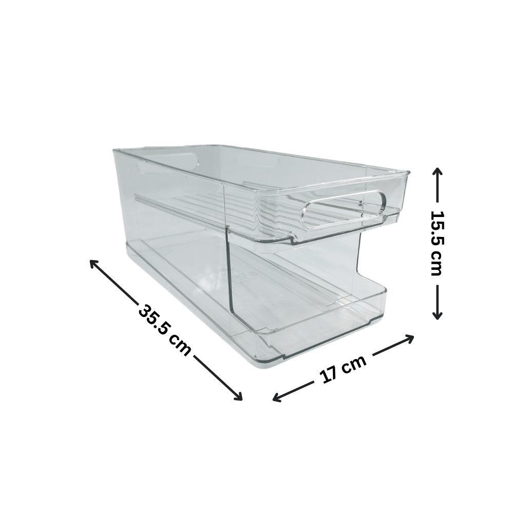 Clear acrylic fridge organisation bin, dimensions 35.5 cm x 17 cm x 15.5 cm, ideal for kitchen storage and decluttering. Space-saving solution.