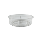 Clear plastic circular fridge organiser for space-saving storage.