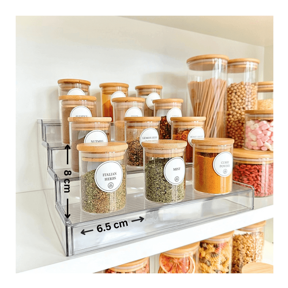 Round Glass Bamboo Herb and Spice Storage Jar Set in kitchen pantry for home organisation and stylish storage solutions.