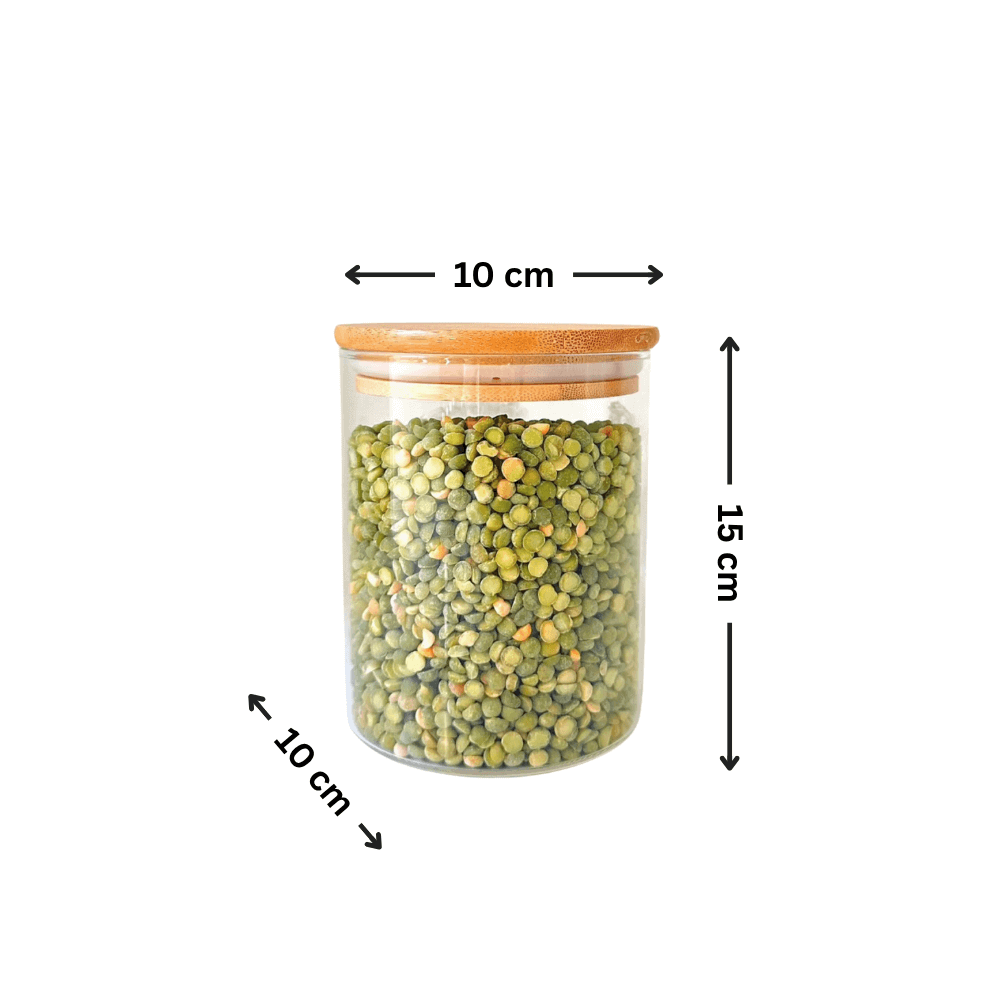 Round glass jar with bamboo lid, holds pantry or fridge foods, 10x15 cm size.