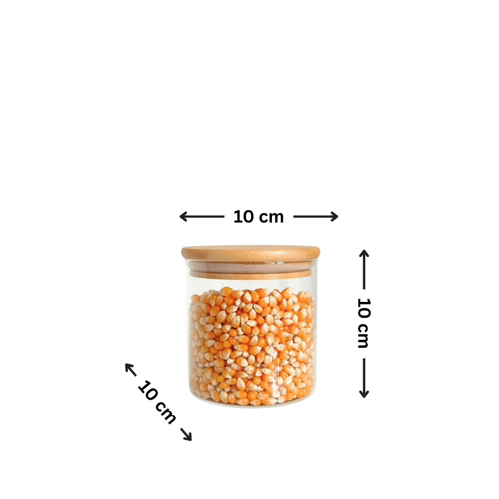 Glass jar with bamboo lid, 10x10 cm, filled with corn, ideal pantry storage organiser.