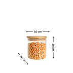 Glass jar with bamboo lid, 10x10 cm, filled with corn, ideal pantry storage organiser.