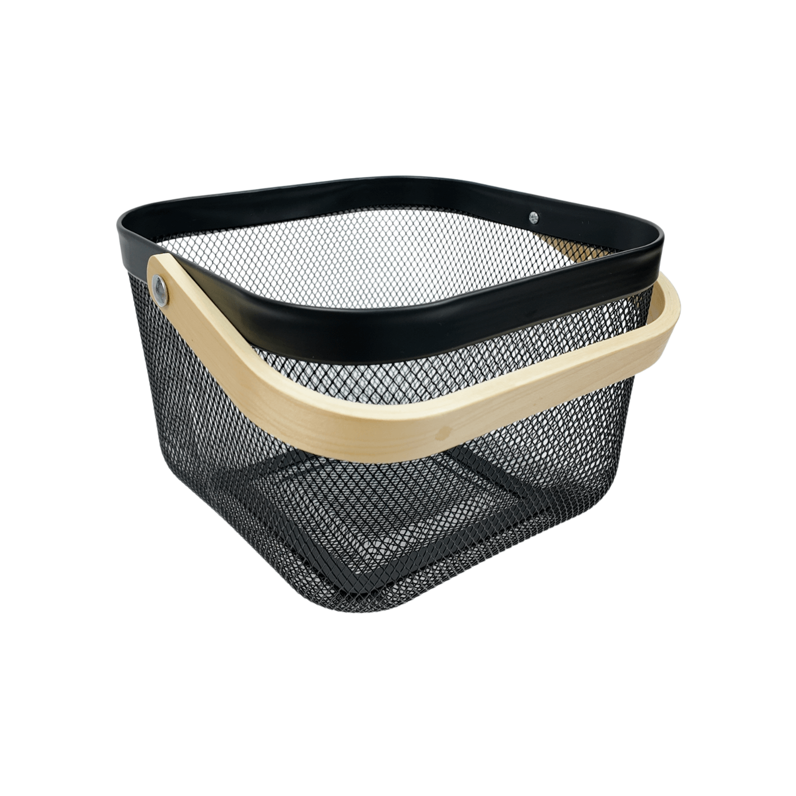Small black storage basket with wooden handle, ideal for pantry or kitchen organization.