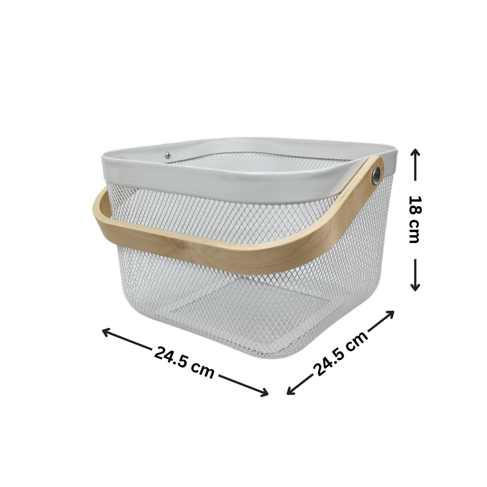 Wire mesh storage basket with bamboo handle, ideal for home organization, kitchen or bathroom; dimensions 24.5x24.5x18cm.
