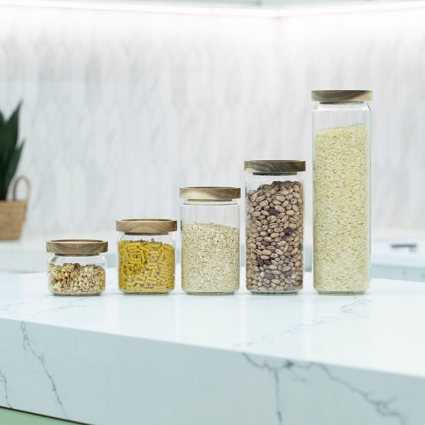 Round Glass Acacia Storage Jar Set – 5 Pack