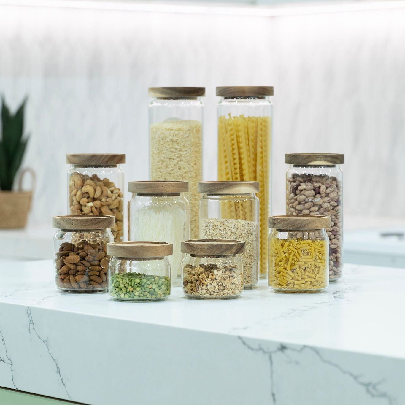 Round Glass Acacia Storage Jar Set – 5 Pack
